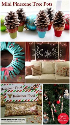 pinecone tree pots are decorated with candy canes and other holiday decor items