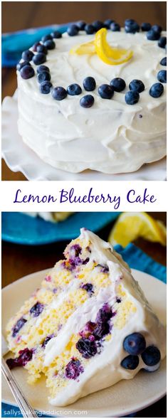 lemon blueberry layer cake on a white plate