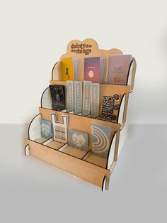 a display case with many books on it