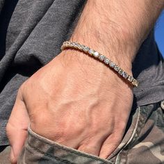 Dazzling tennis bracelet for men, 14k gold plated over stainless steel. AAA CZ's shine so hard they will blind you. Shop now! Aesthetic Guy Outfits, Mens Jewerly, Hip Hop Jewelry, Diamond Design, Tennis Bracelet, Cz Stone, Shine Bright, Tattoos For Guys, Bracelets For Men