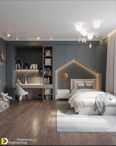 a bedroom with gray walls and wooden floors