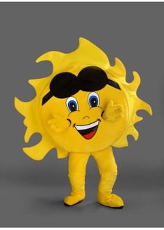 a yellow sun mascot with sunglasses on his face and arms, standing in front of a gray background