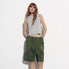 Nwt Zara Oversized, Mid Rise Army Shorts. So Chic! Dark Green And Drawstring, With Pockets Sporty Cargo Bottoms Short Length, Sporty Cargo Style Short Length Bottoms, Utility Bottoms With Built-in Shorts For Summer, Sporty Khaki Bottoms For Spring, Casual Khaki Pants With Built-in Shorts, Summer Cargo Style Short Pants, Casual Khaki Bermuda Bottoms, Sporty Summer Cargo Bottoms, Casual Bermuda Cargo Shorts For Spring