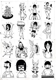 cartoon characters are drawn in black and white