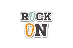 the word rock on with an orange and green arrow in it's center, surrounded by black and white letters