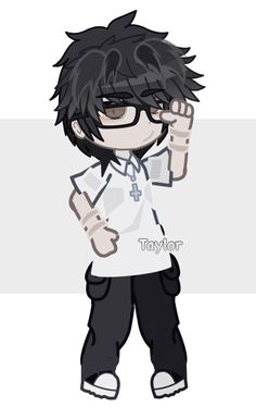 a drawing of a boy with glasses and a white t - shirt, holding his hand up