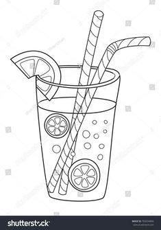 a drawing of a glass with lemonade and a straw in it, on a white background