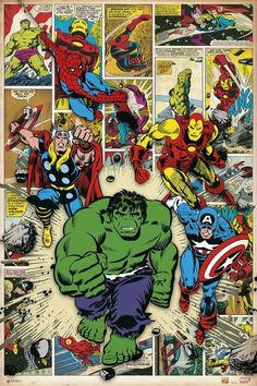 an image of the avengerss collaged in comic book pages with many different characters