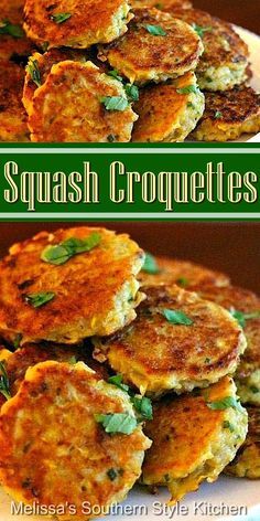 this is an image of some fritters stacked on top of each other with the words squash croquets above it