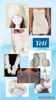 a collage of photos with the words yeti written in blue and white on it