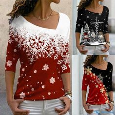 Orcajump - Christmas-themed Long Sleeve Pullover featuring Elements Print and Diagonal Neckline Christmas Long Sleeve Tops With Character Print, Red Printed Top With 3/4 Sleeve, Red Long Sleeve Christmas T-shirt, Women Sleeve, Types Of Collars, Long Sleeve Pullover, Christmas Themes, Types Of Sleeves, Sleeve Length