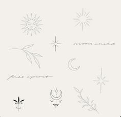 a drawing of different types of tattoos on a white background with the words moon and stars above it