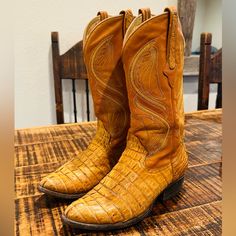 Awesome Gator Boots! These Are Vintage And Have Been Loved For Some Time But Have Great Character. Unique And Not A Pair You Would Find On Someone Else. Lovely Mustard Color Is Neutral/Versatile These Are Men’s Boots Size 7.5 Purchased In Round Top,Tx (Antique Capital!) For Myself, I Am A Size 9, Wide Foot. They Fit However I Wanted To Include A Comfortable Insole (Dr. Scolls Insert)And When Added They Were Too Tight. Therefore Listed As A Women’s Size 8.5, Allowing Room To Add Insoles For Comfort. Made In Mexico Comment With Questions! Rustic Square Toe Boots For Rodeo, Luxury Men's Square Toe Cowboy Boots, Mens Square Toe Cowboy Boots, Arait Boots Men's Square Toe, Western Brown Mid-calf Boots With Square Toe, Men’s Boots, Vintage Shoes, Shoes Heels Boots, Western Boots