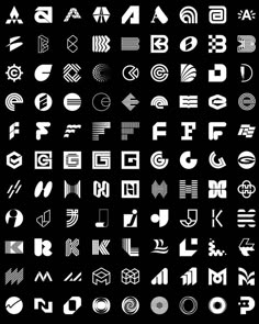 a large set of white and black logos on a black background, all in different shapes