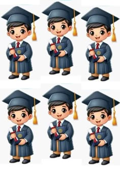 various poses of a boy in graduation cap and gown holding a book while wearing a tassel