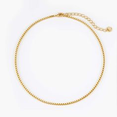 Achieve an elegant  understated look with the Emma Choker. Comprised of a box chain made of 14k gold-plated brass  this is a timeless  sophisticated way to wear the choker trend.    Available in 14k gold plated brass 13" box chain with 2" extender Lobster claw closure Made in the USA SKU: BYN1065 Perfect gift idea for mom on Mother's Day. Gold Jewelry Necklace, Gold Choker Necklace, Meaningful Jewelry, Popular Jewelry, Chain Choker Necklace, Jewelry Choker, Cute Necklace, Lariat Necklace, Chain Choker