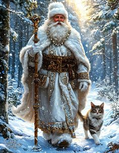 a painting of santa claus walking in the snow with his cat, which looks like he is holding a staff