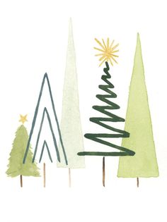 three trees are painted in different colors and shapes, one has a star on top