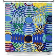 an abstract painting shower curtain with circles and lines in blue, green, yellow and orange