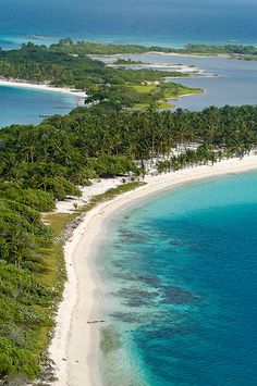 an island with white sand and blue water surrounded by palm trees in the middle of it