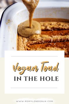 vegan toast in the hole is being drizzled with peanut butter