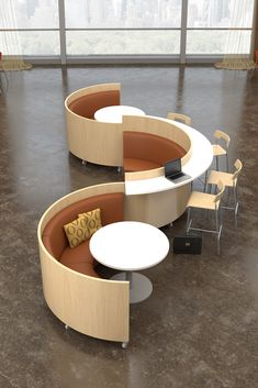 Connecting, curved booths with panels provide wayfinding in large open space Raised Office Platform, Space Saving Seating, Integrated Furniture Architecture, Study Space Architecture, Modular Office Space, Public Office Design, Modular Seating Design, Public Study Space, Bookstore Seating