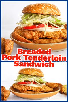 two plates with chicken sandwiches on them and the words breaded pork tenderion sandwich