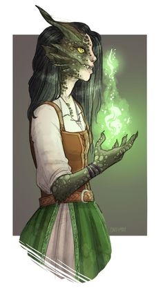 a drawing of a woman with long hair and green eyes holding a glowing ball in her hand