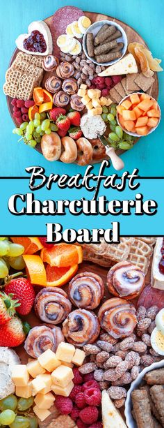 an assortment of breads, pastries and fruit on a platter with text overlay