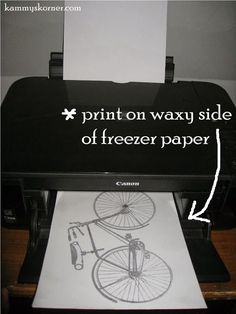 an image of a printer with the words print on waxy side off freezer paper