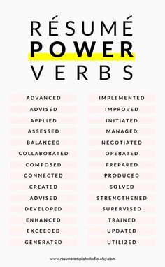 the resume power words are displayed in yellow and black on a white background with text below it