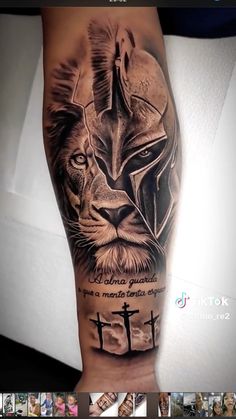 a man's arm with a lion tattoo on it and the words faith in roman numerals