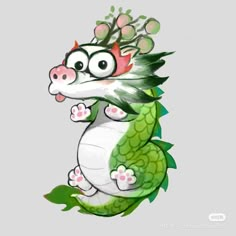 a green and white dragon with flowers on it's head, sitting in the air