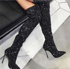 Sexy Crystal Covered Black thigh High boots sold by City Star* Boutique on Storenvy High Heels Classy, High Heeled Boots, Black Thigh High, Glitter Boots, High Heel Dress, Heels Classy, Stiletto Boots, Heel Boots