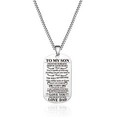 a dog tag with the words to my son on it and a chain that says i love