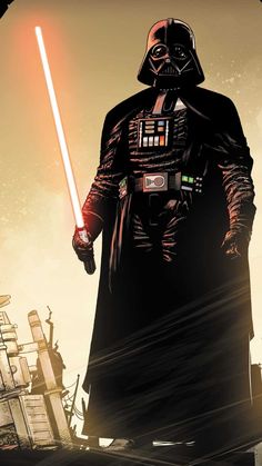 darth vader standing in front of a building with his lights on and holding a light saber