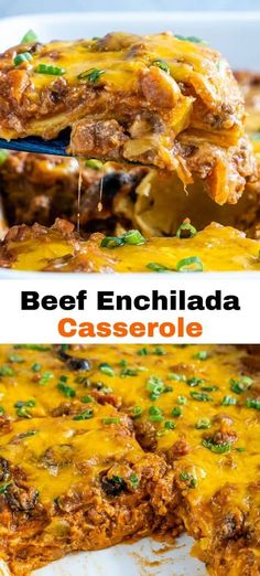 beef enchilada casserole with cheese and green onions