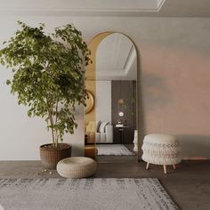 a living room with a potted plant in the corner and a mirror on the wall