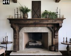 a fireplace in a living room filled with furniture and plants on top of the mantle