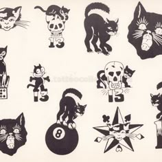 black and white drawing of various types of cat stickers on the back of a shirt