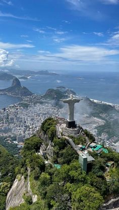 an aerial view of the statue of christ on top of a mountain in rio, brazil