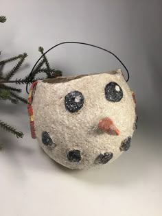 a potted planter with black and white polka dots on it's face