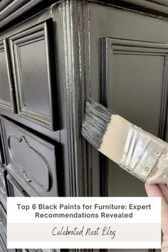 a person holding a paintbrush in front of an old door with the words top 6 black paints for furniture expert recommends revealed