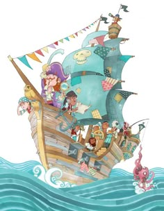 an illustration of a pirate ship with many people on it and flags flying in the air