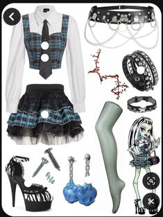 an assortment of goth clothing and accessories including shoes, bracelets, headbands