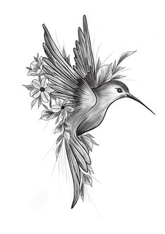 a black and white drawing of a hummingbird with flowers in it's beak