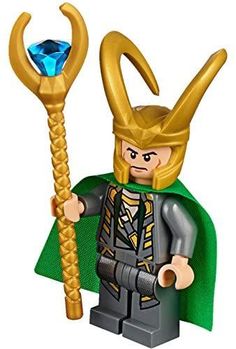 a lego figure holding a crystal ball in his hand and wearing a green cape with gold horns