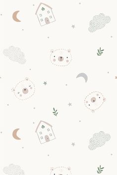 an animal themed wallpaper with stars, clouds and houses on the white background that is perfect for children's rooms