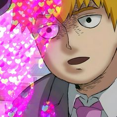 a man with blonde hair wearing a suit and bow tie in front of pink hearts