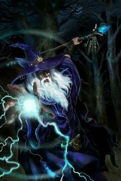 an image of a wizard in the woods holding a lightening wand with lightning coming from his hand